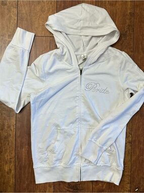 White Hooded Zip Jacket with Rhinestone 'Bride' Accent
